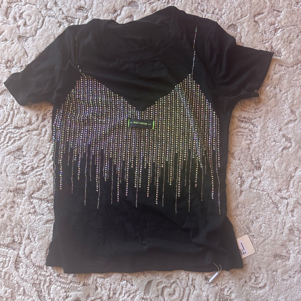 Black T-Shirt with Rhinestone Design